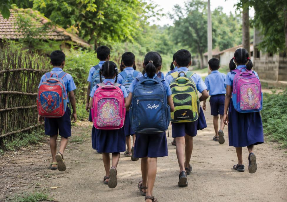 School children walking together on a village path
