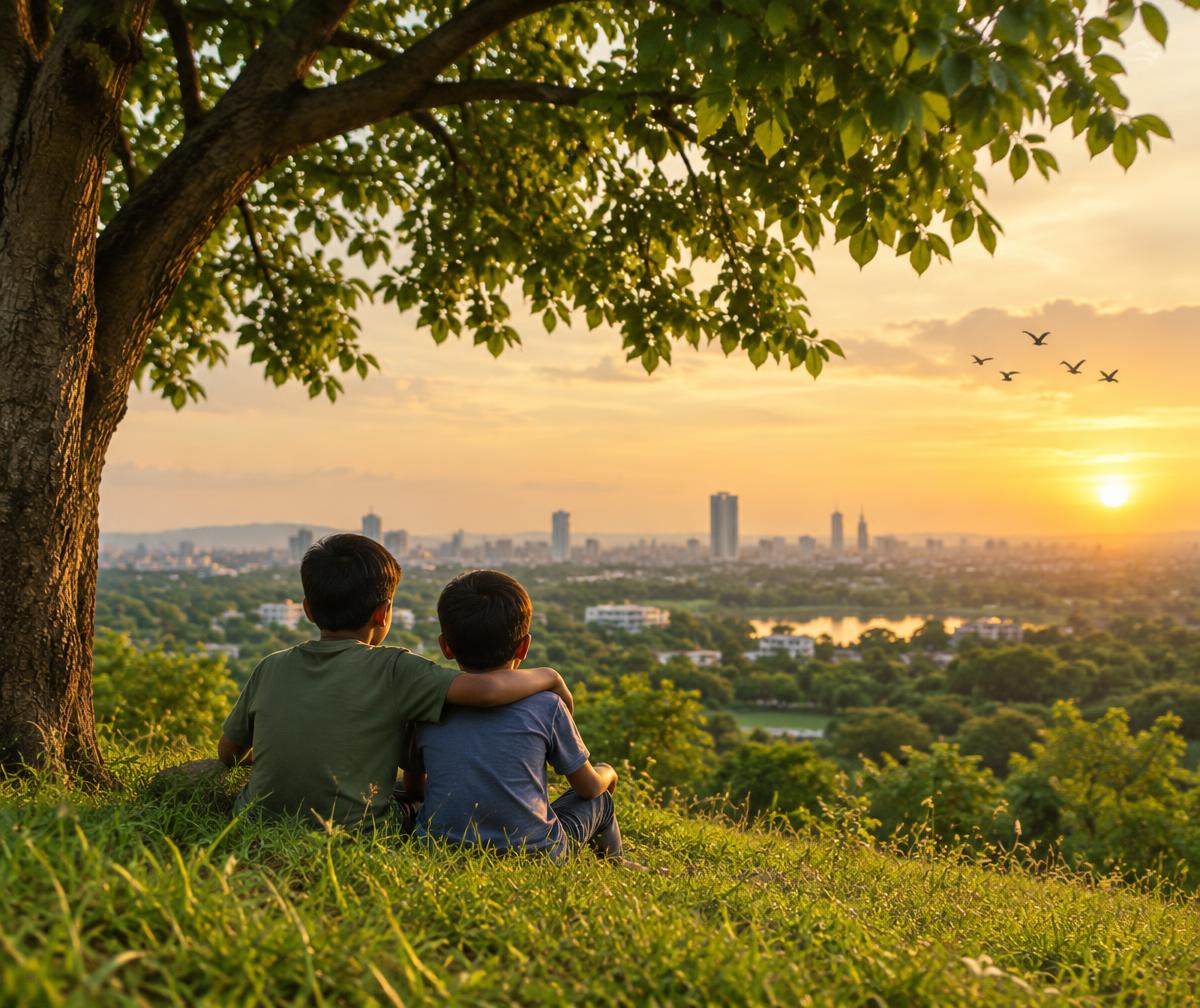 Two children sitting on a hill looking at a green city at sunset