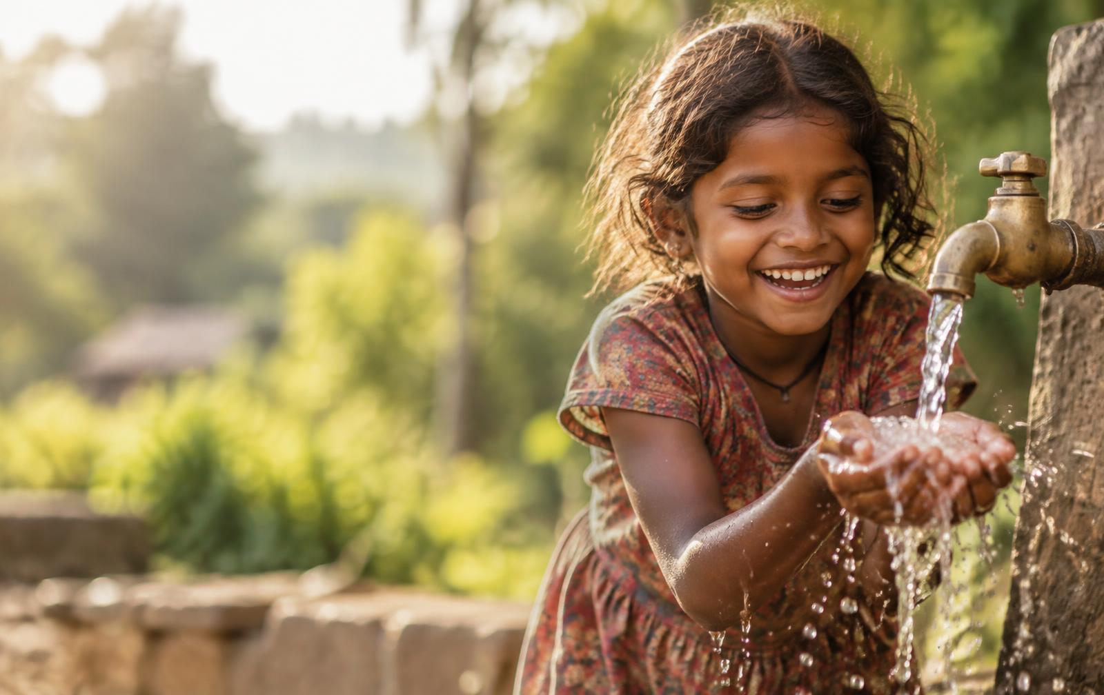 A smiling young girl cupping clean water from a tap